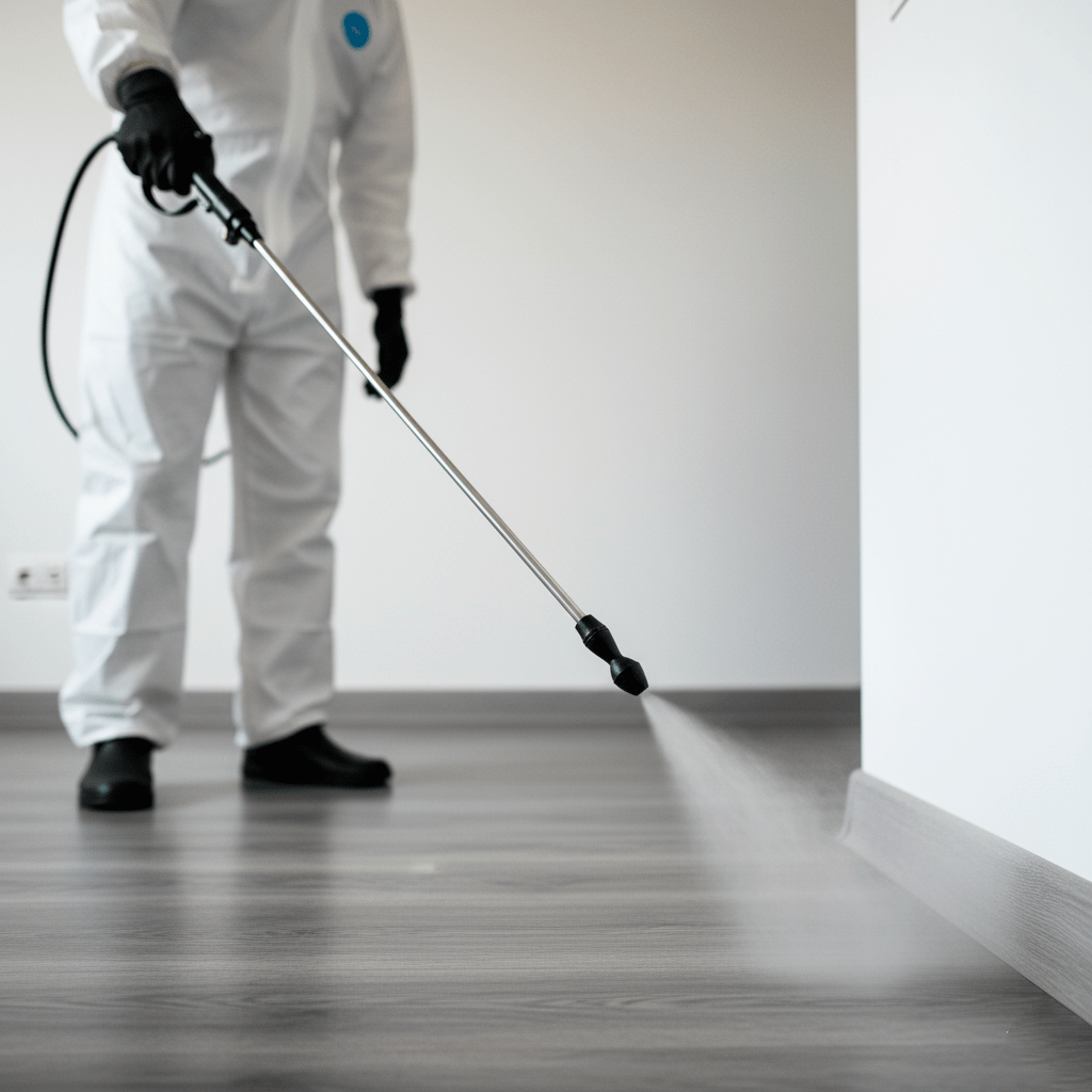 Técnico en control de plagas aplicando fumigación en interiores con traje protector y equipo especializado, garantizando la eliminación de insectos y la seguridad del hogar en Saltillo.