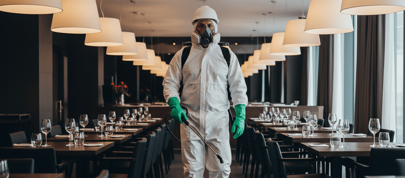 Trabajador profesional de control de plagas desinfectando un restaurante en Saltillo, con traje protector y fumigación segura para garantizar higiene y salud en negocios de alimentos.