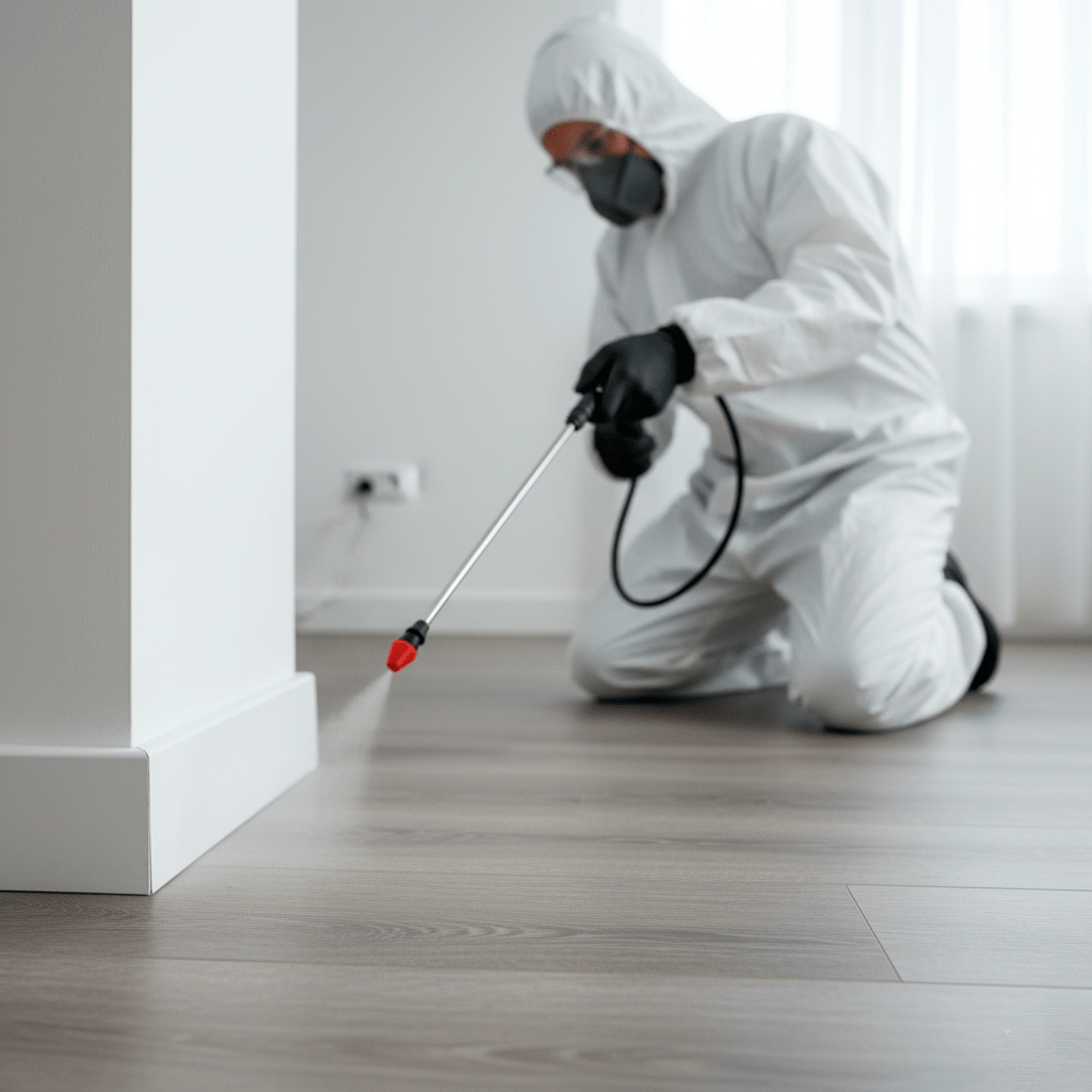 Técnico en control de plagas aplicando fumigación en interiores con traje protector y equipo especializado, garantizando la eliminación de insectos y la seguridad del hogar en Saltillo.